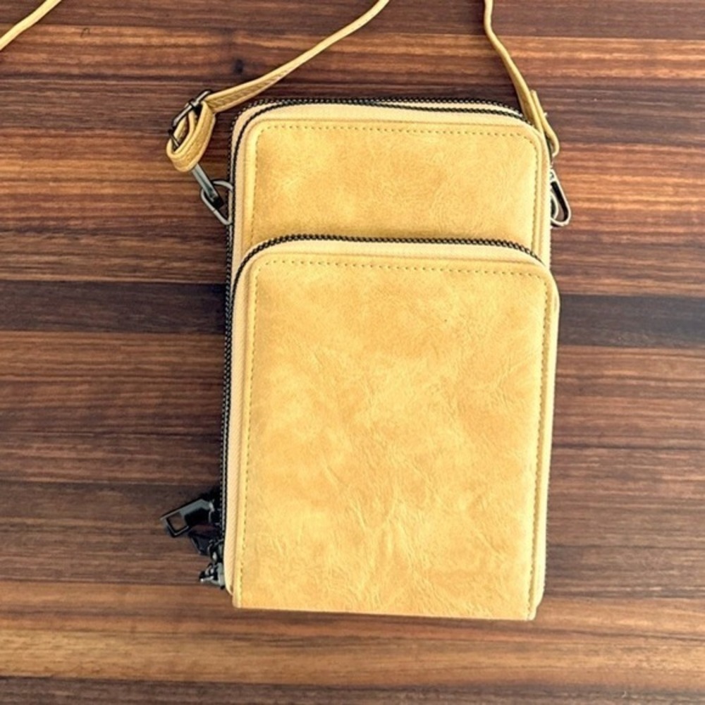 Yellow Faux Leather Crossbody Phone Bag Wallet Triple Zip Small‎ Purse